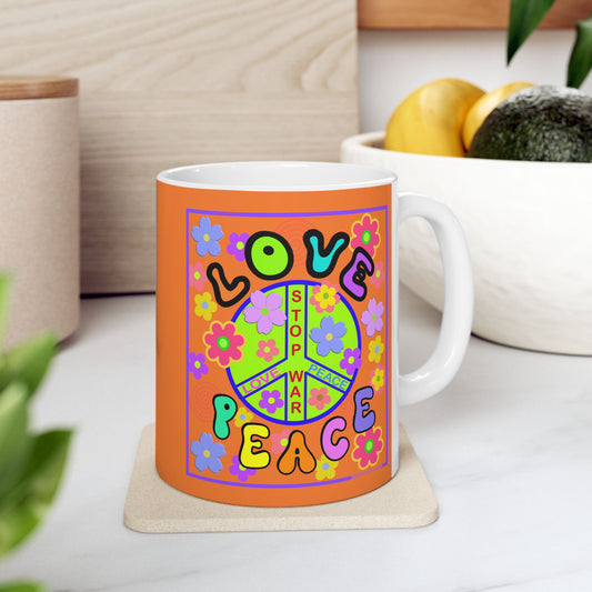 Ceramic Mug, (11oz, 15oz) - Love and Peace - Orange