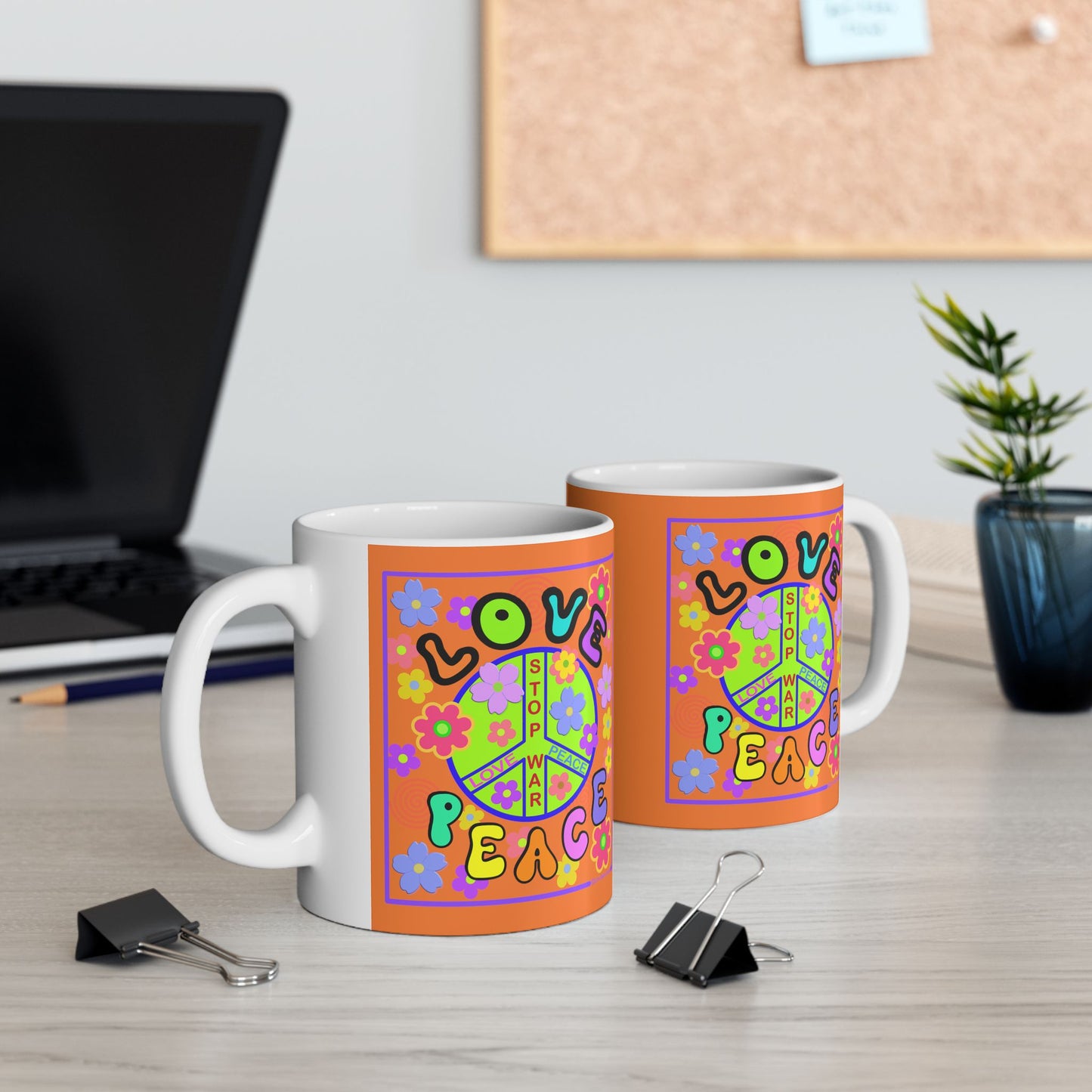 Ceramic Mug, (11oz, 15oz) - Love and Peace - Orange