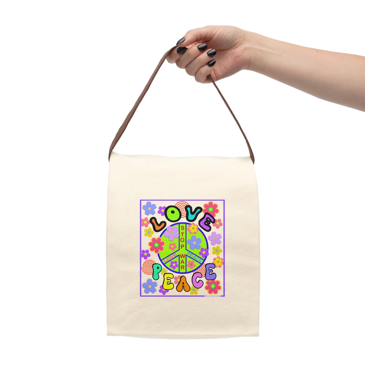 Canvas, Reusable, Lunch Bag With Strap - Love and Peace by Lynn Salem Creates