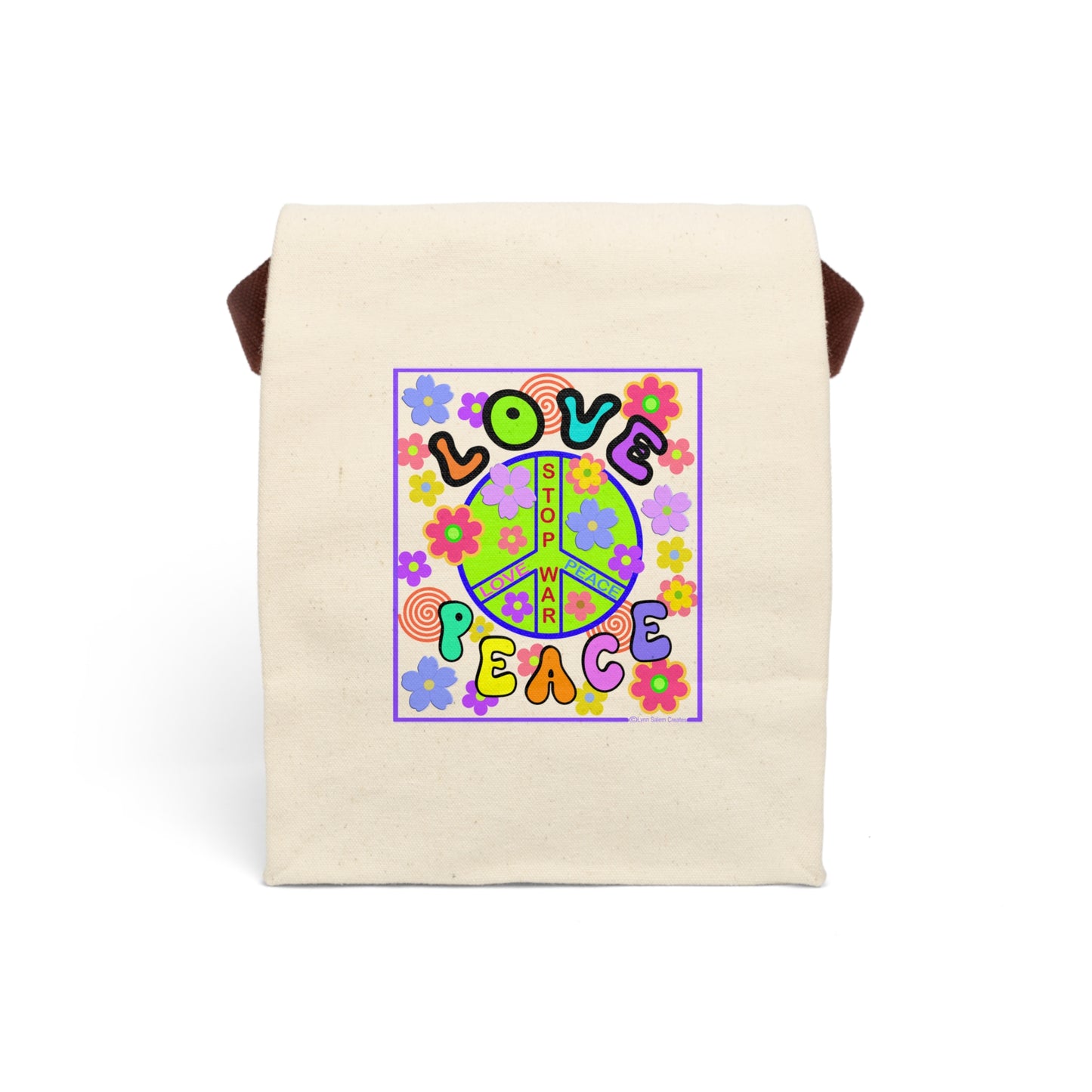 Canvas, Reusable, Lunch Bag With Strap - Love and Peace by Lynn Salem Creates